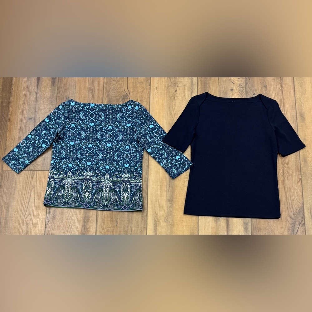 Talbots Set of 2 Tops Blue Patterned and Navy Shirt Size Small